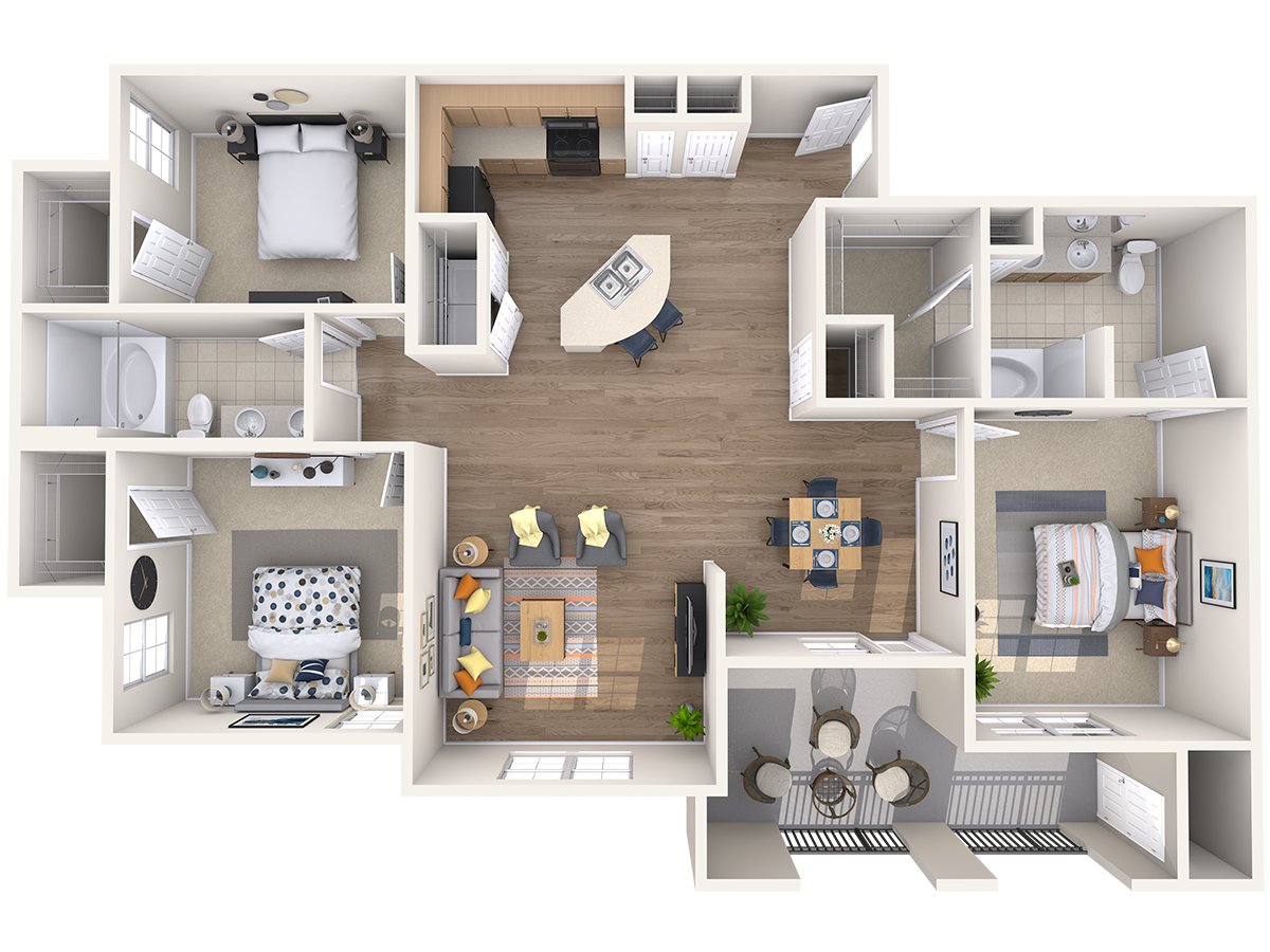 Floor plan for 3 beds, 2 baths, 1393 sqft